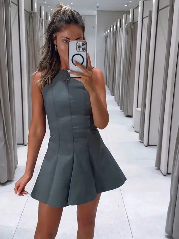 Gray Skater Dress Summer Clothes For Women New In Dresses 2024 Fashion Round Neck Sleeveless Pleated Hem Casual Mini Dress