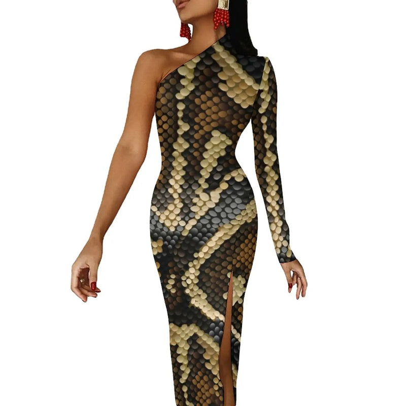 Snakeskin Bodycon Dress Summer Greys and Silvers Retro High Slit Long Dresses Long Sleeve Graphic Aesthetic Dress