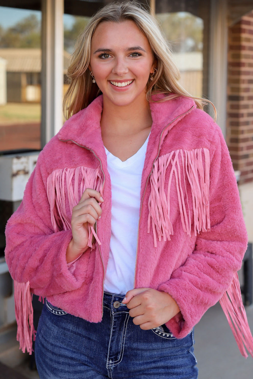 Fringed Full Zipper Fleece Jacket