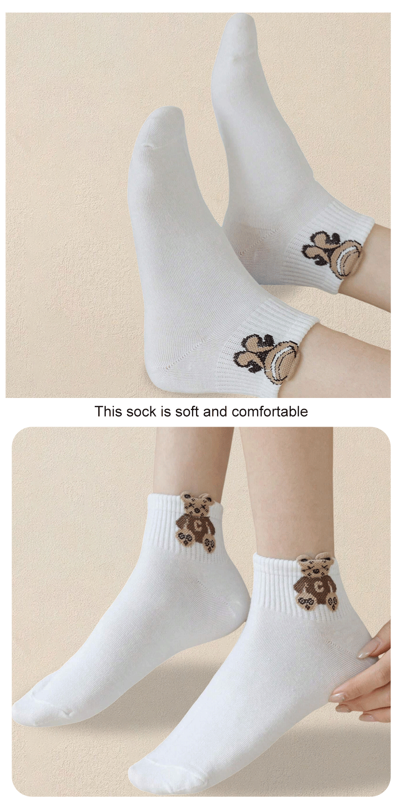 5/10/20 Pairs Women Cartoon Teddy Bear Patterned Ankle Socks Versatile Fashionable Creative Breathable Comfortable Casual Socks