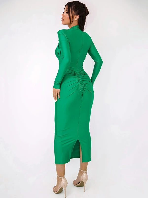 Mozision Hollow Out Long Sleeve Sexy Maxi Dress For Women Gown Autumn Winter New Metal Buckle Ruched Slit Long Dress Elegant