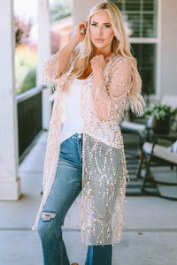 White Sequin Sheer Long Sleeve Open Front Kimono