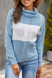 Blue Colorblock Turtleneck Loose Knitted Sweater