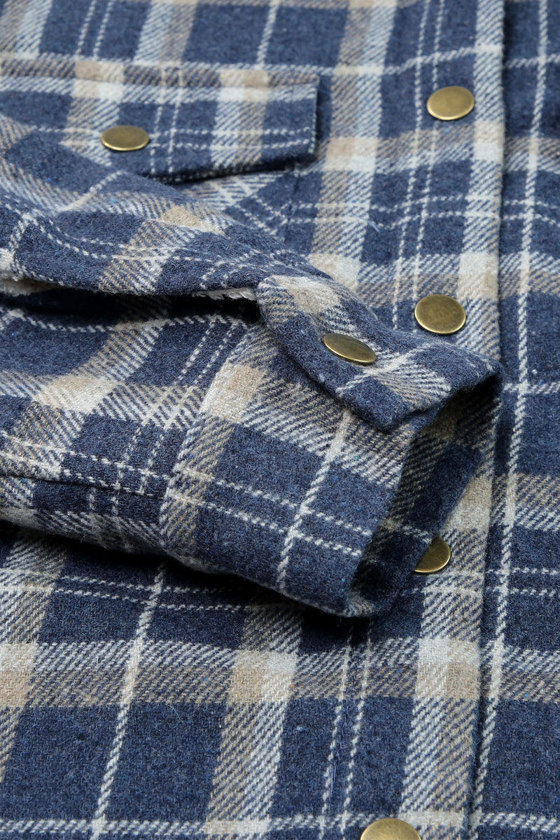 Blue Plaid Pattern Sherpa Lined Hooded Shacket