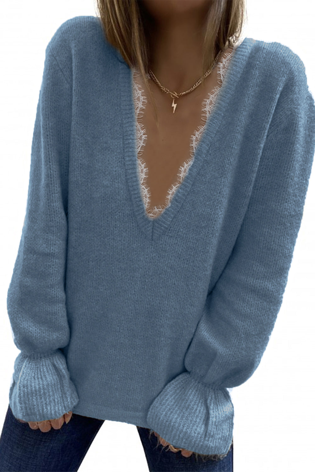 Sky Blue Eyelash V Neck Knitted Sweater