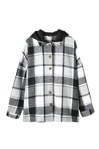 Gray Hooded Plaid Button Front Shacket