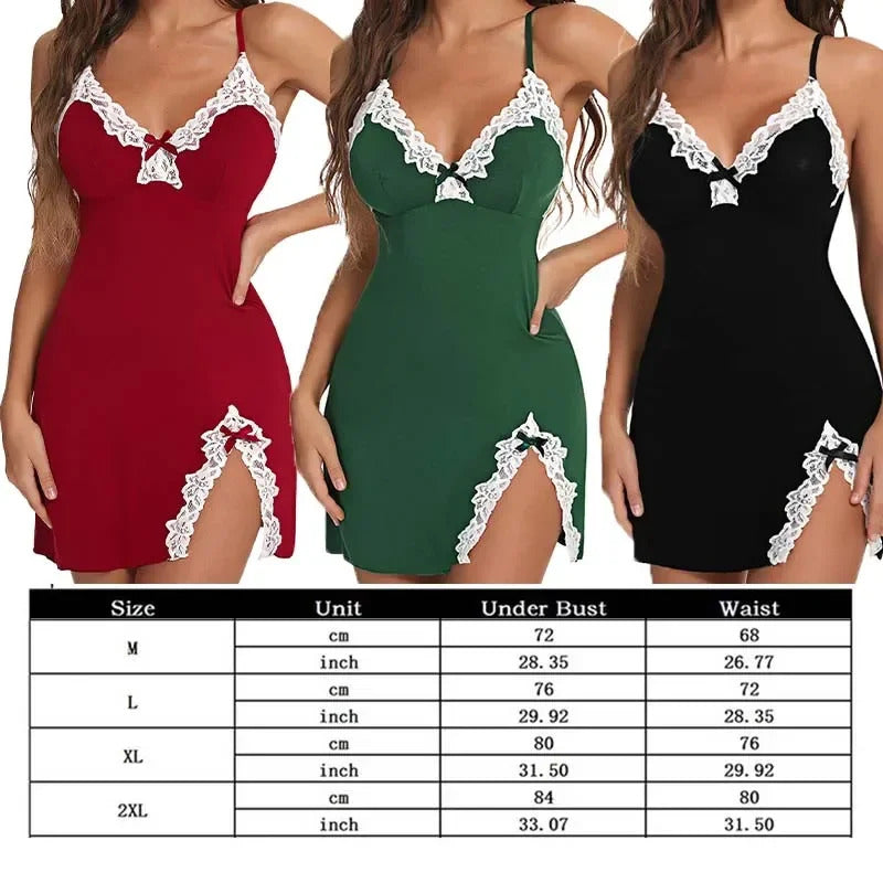 Women Nightdress Sexy Lace Chemise Bow Nightgown Sleepwear V Neck Full Slip Babydoll Lingerie Sleep Dress Sexy Costume Lenceria