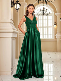 Lucyinlove Elegant Sequins Evening Dress For Women 2024 Deep V-neck Satin Prom Party Green Dress Floor Length Blue Formal Gowns