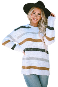 Light Pink Striped Popcorn Knit Sweater