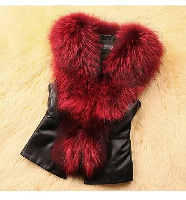 Women Leather Jacket Fur Collar Stitching Simulation Leather Oversized Raccoon Autumn Winter Solid Color Sleeveless Vest Coat