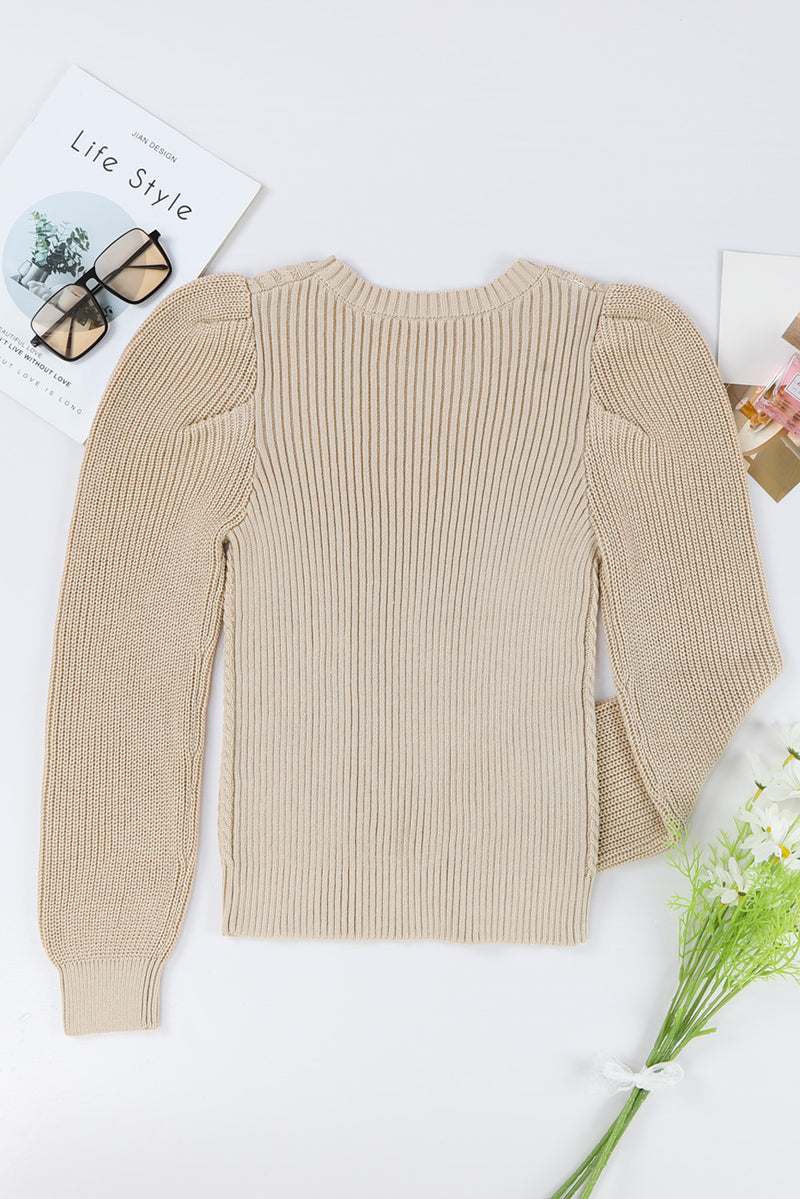 Apricot Cable Ribbed Knit Mix Pattern Puff Sleeve Sweater