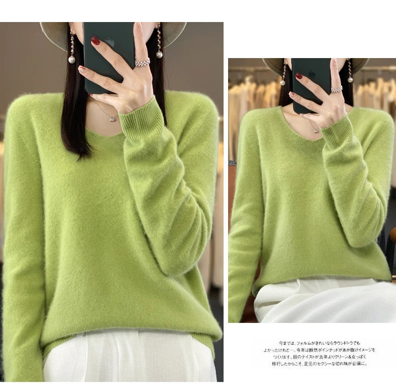 100% pure wool cashmere sweater women's V-neck pullover casual knit top autumn and winter women's coat Korean fashion