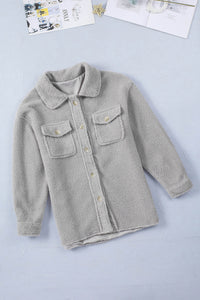 Gray Flap Pockets Button Front Teddy Jacket