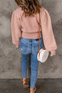 Pink Textured Bubble Sleeve Knit Sweater