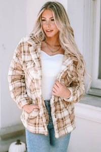 Khaki Sherpa Plaid Button Pocketed Jacket