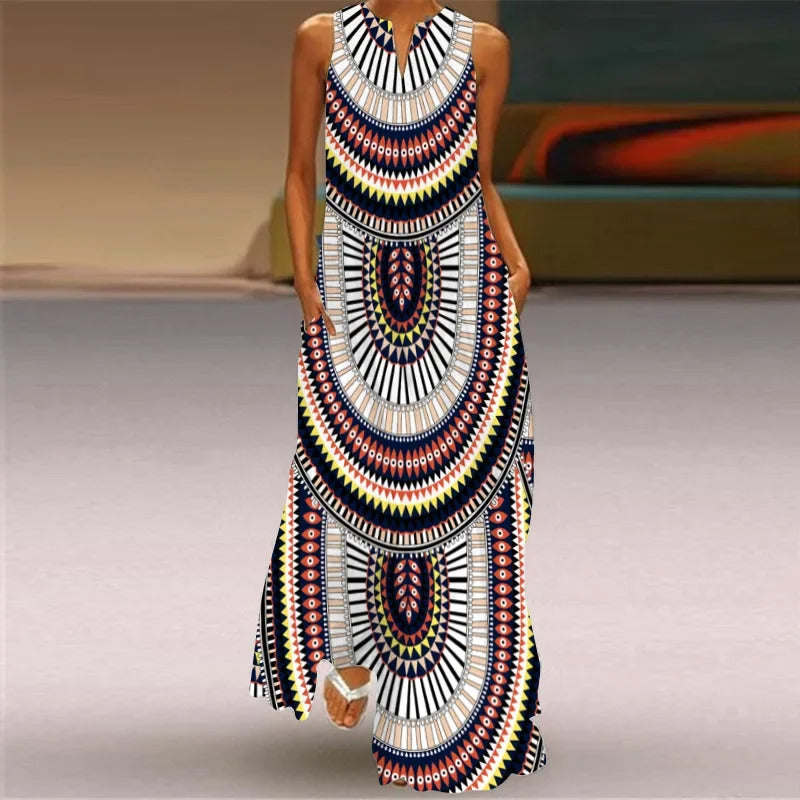 Women's summer Boho vintage maxi dress Women's pocket loose casual print A-line dresses