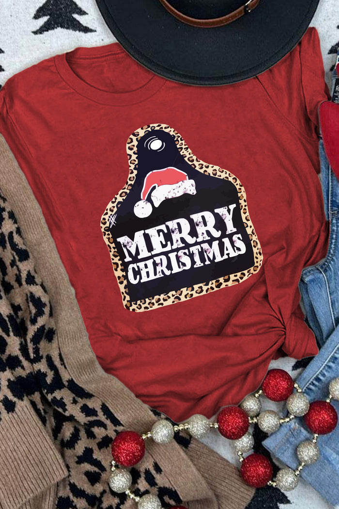 Fiery Red MERRY CHRISTMAS Leopard Frame Graphic Tee