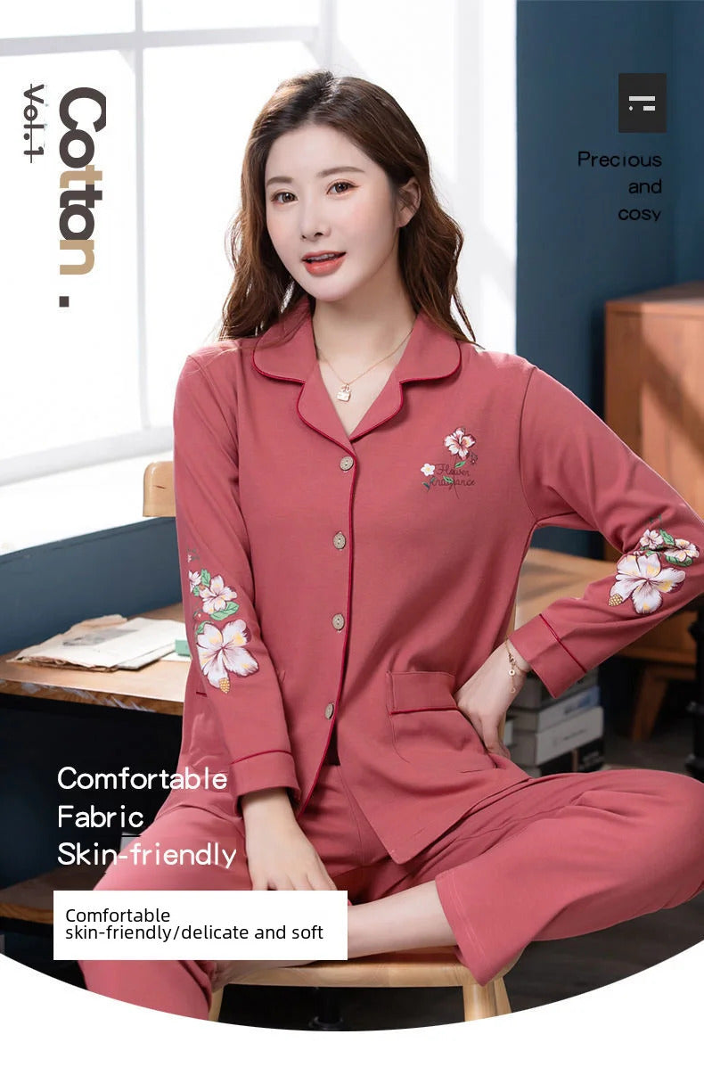 100% Cotton Long Sleeve Cardigan Pajama Set For Middle-aged Elderly Women Autumn Outer Wear Homewear