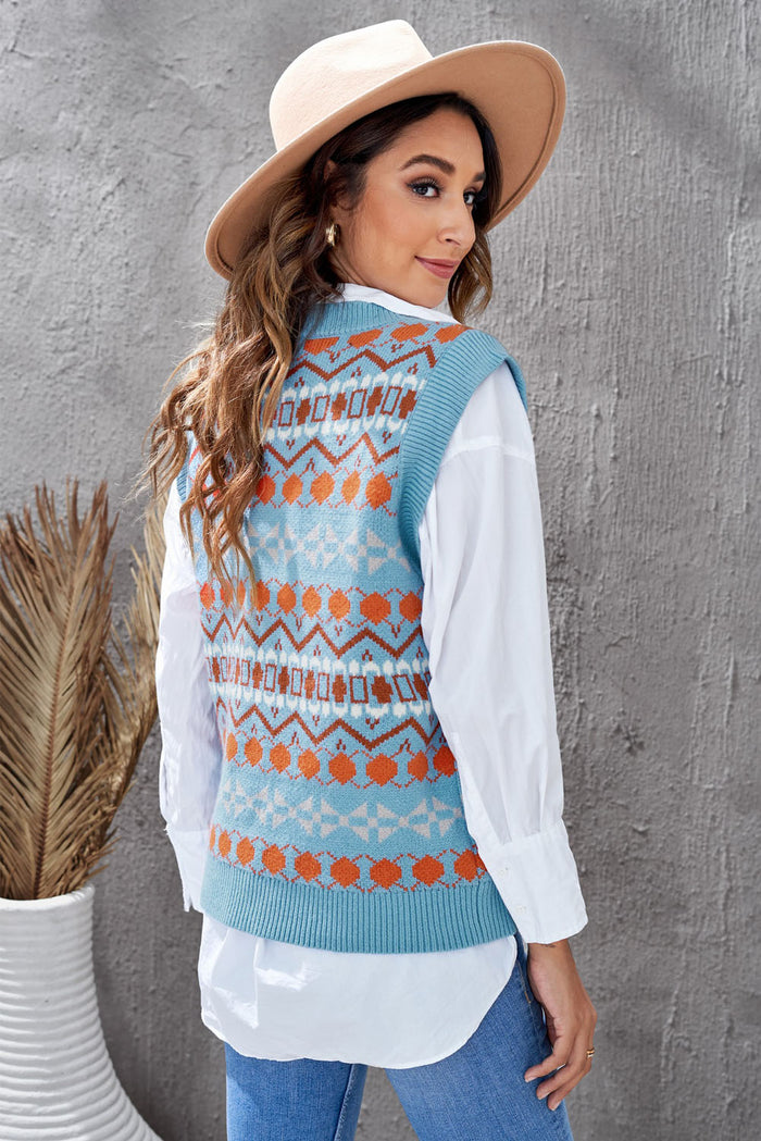 Sky Blue Tribal Print V Neck Knitted Sweater Vest