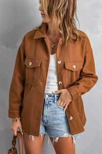 Brown Turn Down Collar Buttoned Baggy Coat with Pocket