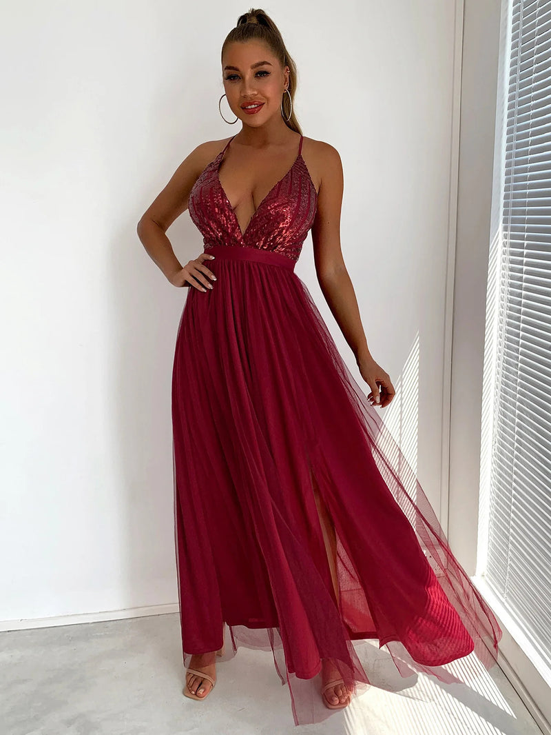 Sexy backless slip Sequin corset maxi summer dress women mesh long bodycon red Christmas party dress bridesmaid evening dresses