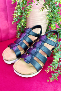 Black Hollowed PU Leather Straps Wedge Sandals