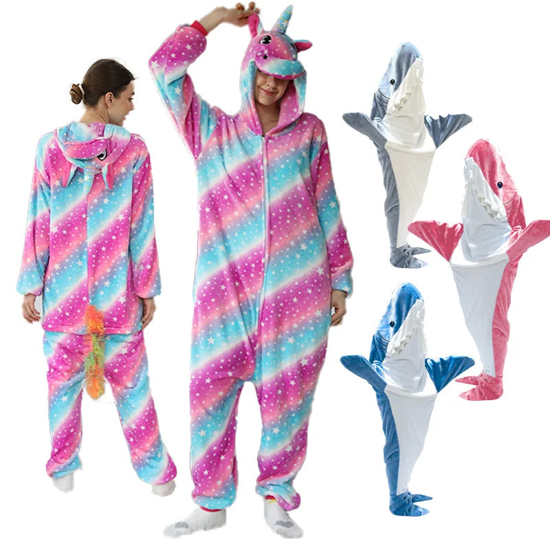 Women Pijama Animal Jumpsuit Onesie Kigurumi Unicorn Suit Shark Bodysuits Adult Flannel Sleepwear Full Body Winter