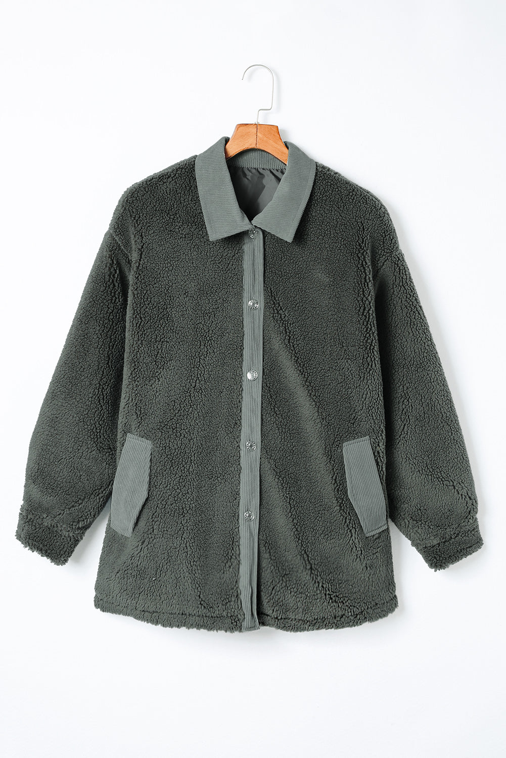 Gray Corduroy Trim Elbow Patch Sherpa Jacket