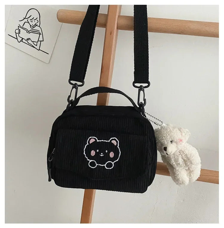 Personalized Teddy Bear Embroidered Diagonal Shoulder Bag, Corduroy Leisure Bag, WOMEN'S Crossbody Bag