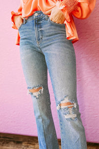 Sky Blue Distressed Ripped Flare Jeans