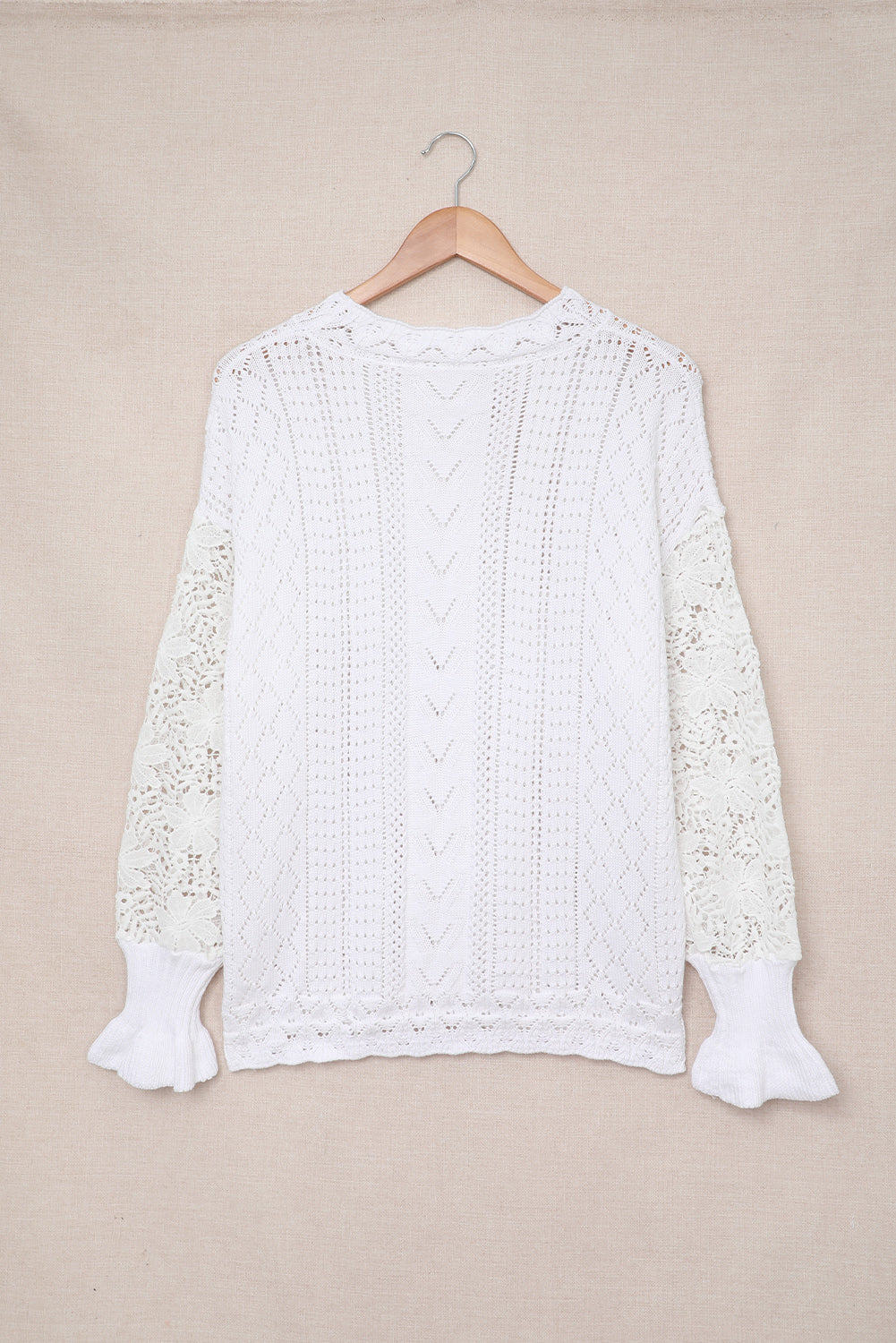 White Crochet Lace Pointelle Knit Sweater