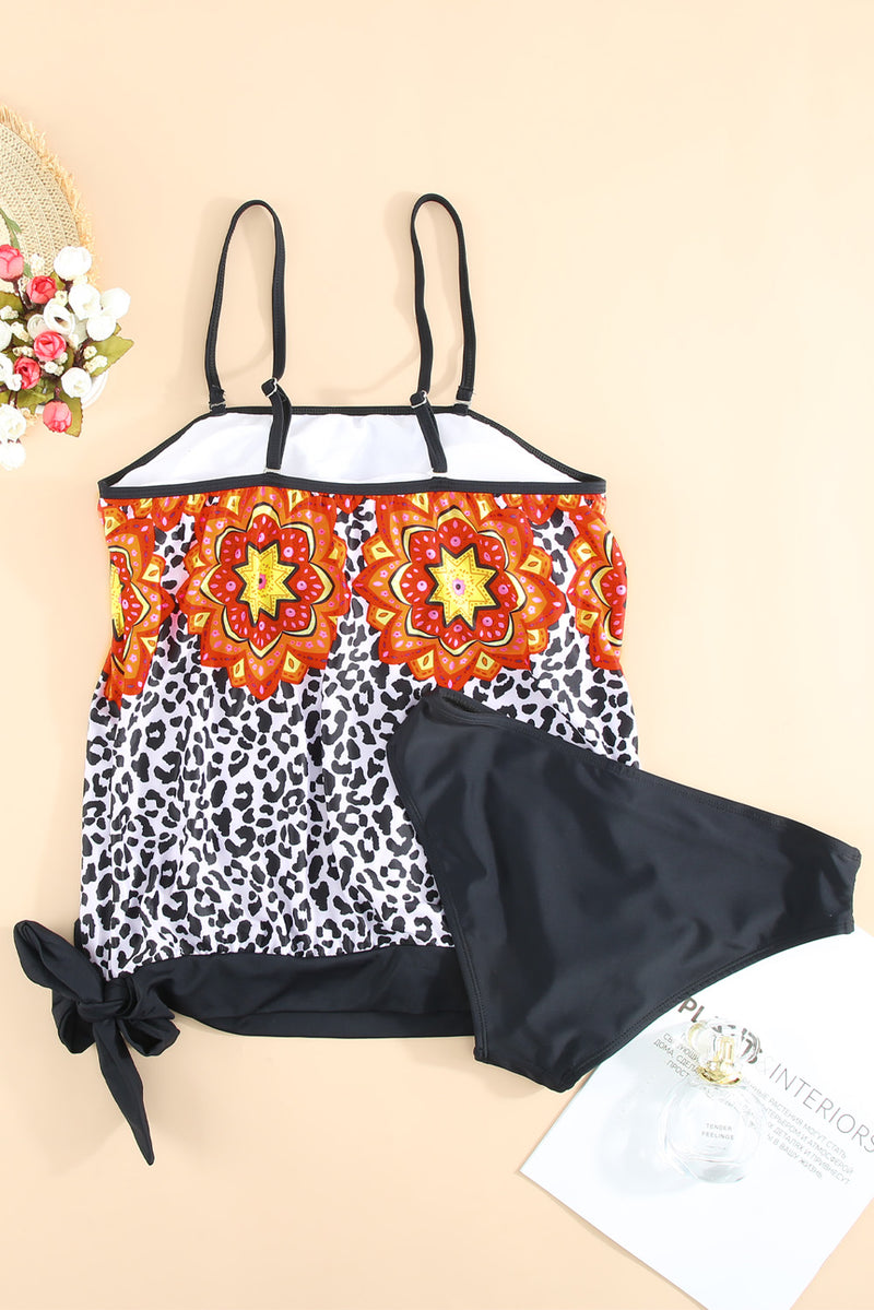 Retro Floral Leopard Pattern Strapless Tankini Set