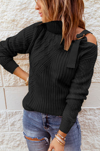 Green Strapped Cut out Shoulder Turtleneck Sweater