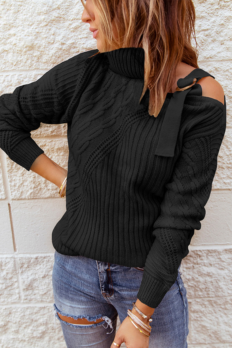 Green Strapped Cut out Shoulder Turtleneck Sweater