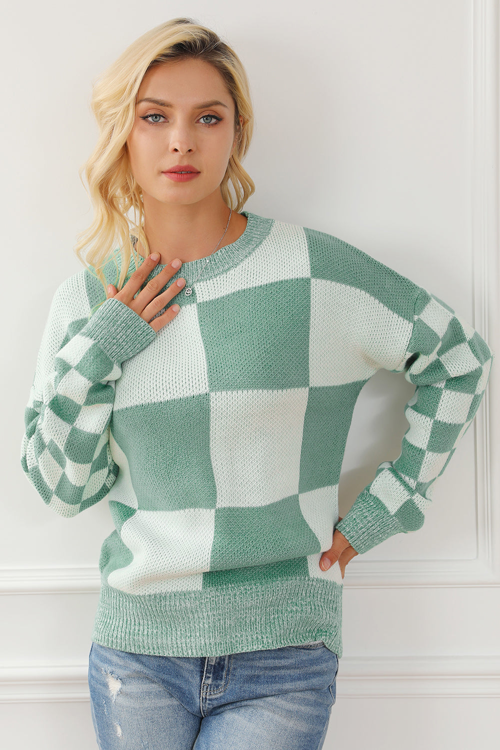 Medium Grey Checkered Print Drop Shoulder Sweater