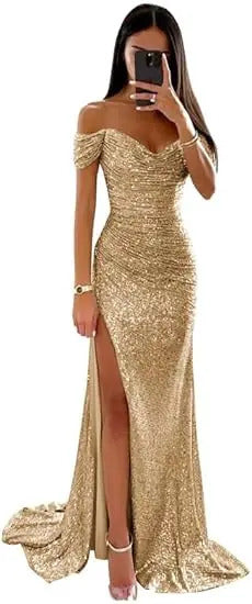 Chic and Elegant Women Evening Maxi Dresses 2024 Off-Shoulder Sequin Mermaid Prom Formal Gowns For Party Split Night Dress