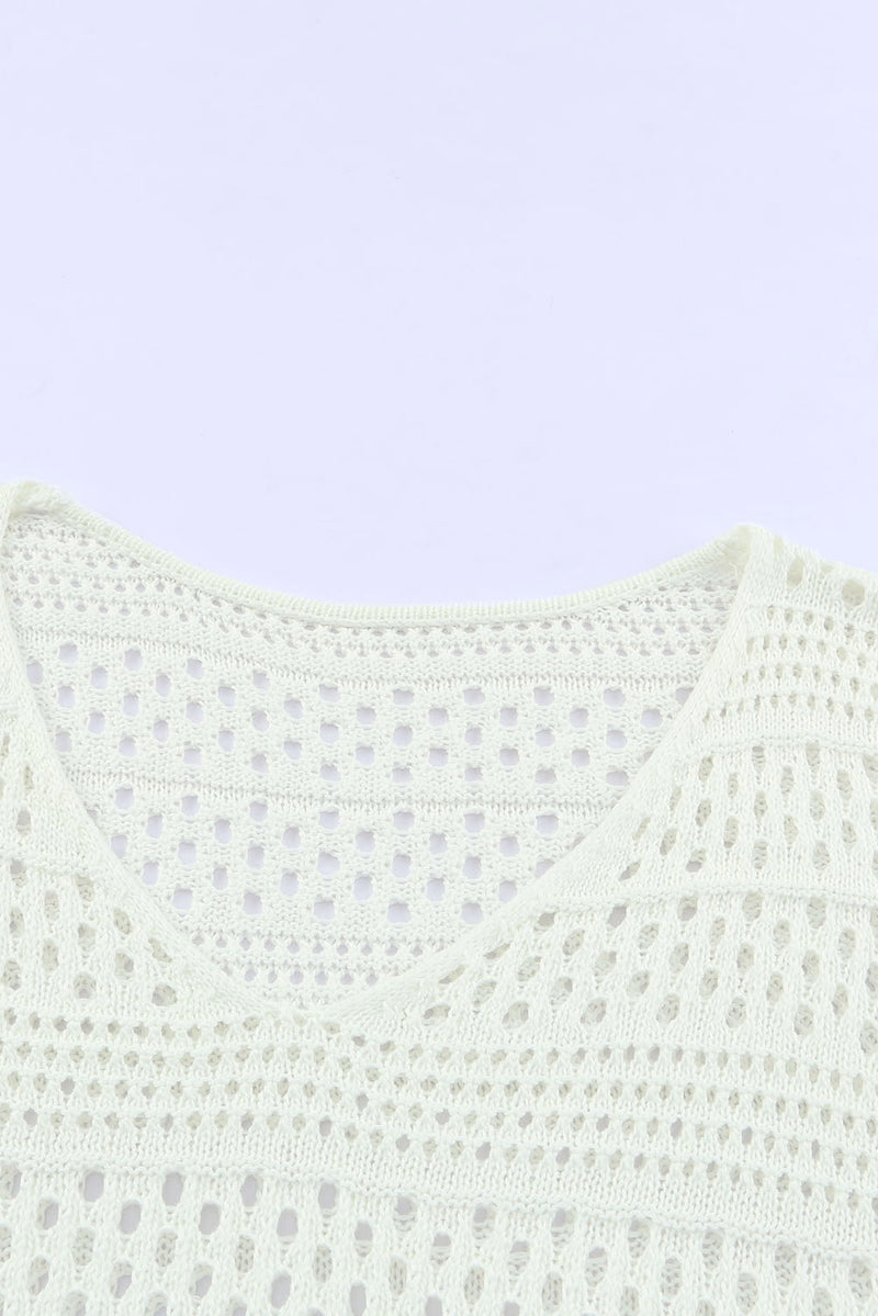 White Hollow Out Crochet V Neck Pullover Sweater