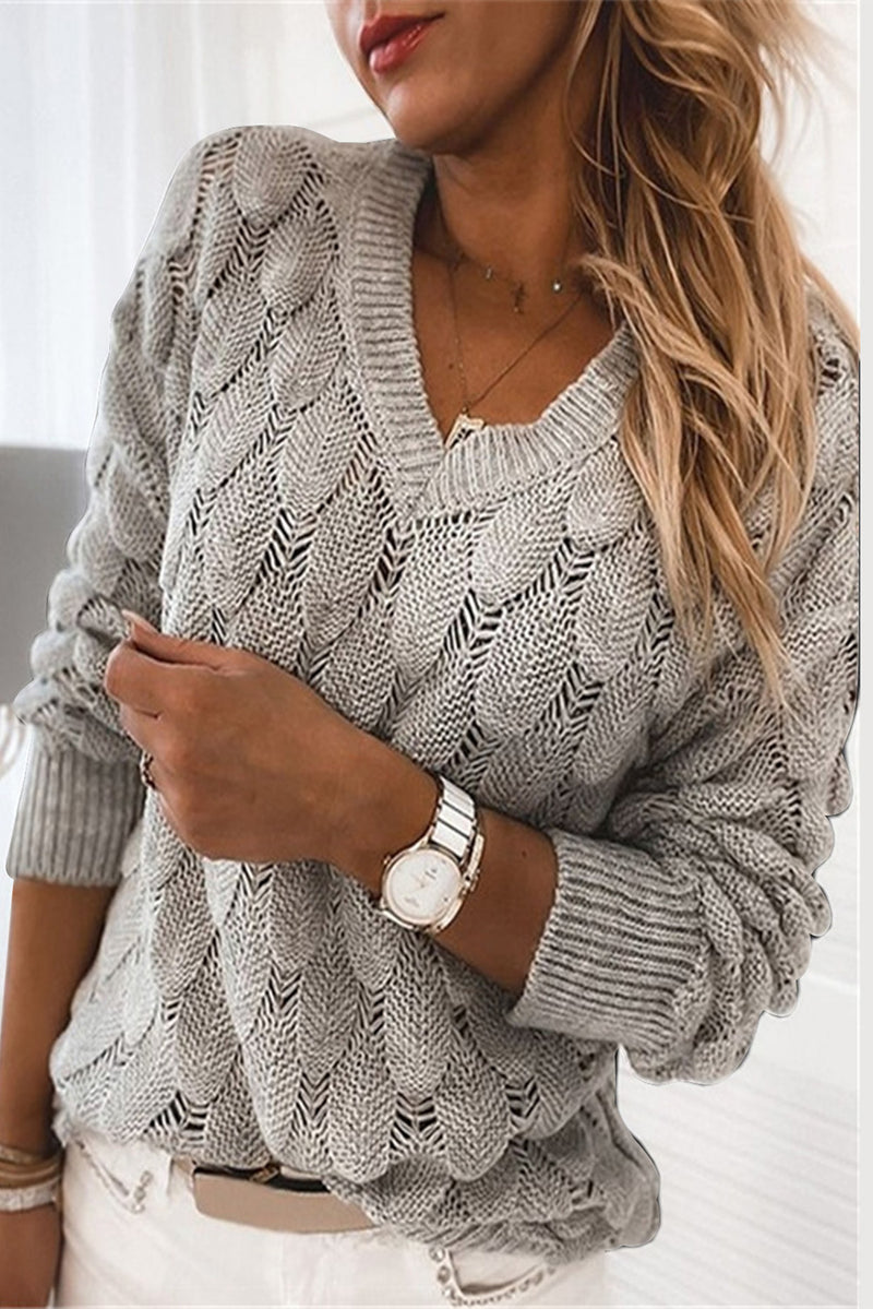 Gray Feather Hollowed-out V-neck Long Sleeve Knitted Sweater