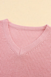 Pink V Neck Drop Shoulder Knitted Sweater