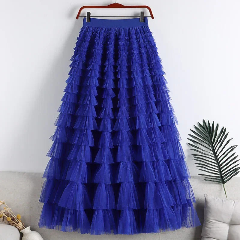 Medium-length Wire Mesh Spliced Cake Skirt 2023 Spring Summer Autumn/winter New Style A- line Long Dress Puffy Dress