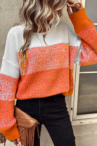 Orange Color Block Drop Shoulder Ribbed Trim Sweater