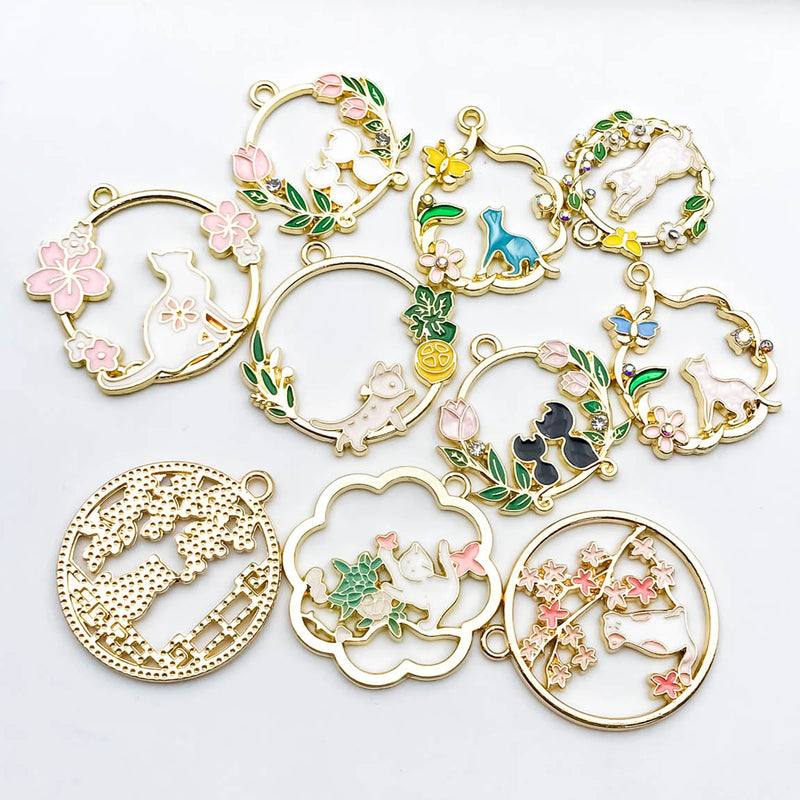 10pcs Alloy Pendants Flat Round Enamel Charms With Leaf And Cat Shape Charms Golden Medium Hollow Pendant For DIY Jewelry Making