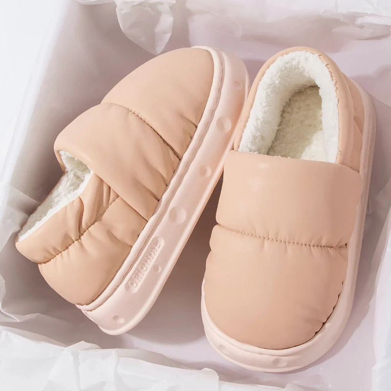 Feslishoet Men Winter Cotton Slippers Waterproof Anti Slip Thick Bottom Shoes Couple Home Use Plush Cotton Slippers Women