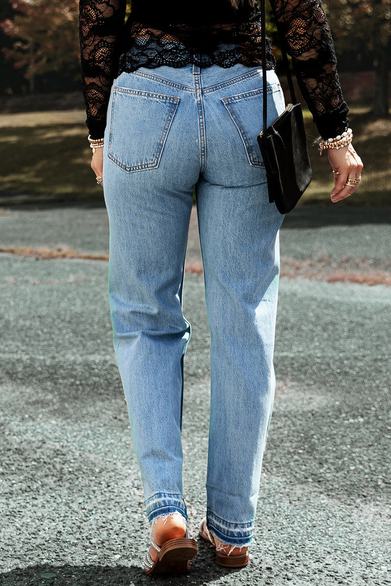 Light Blue Distressed Slit Leg Raw Edge Straight Jeans