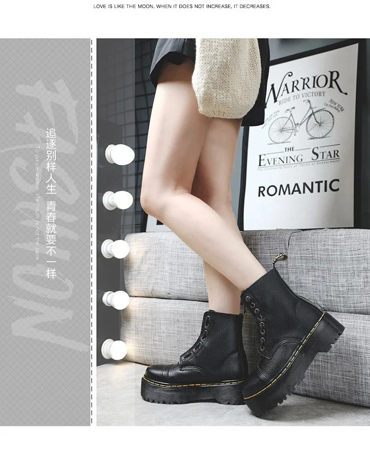 Women Boots Genuine Leather Platform Boots Motorcycle Shoes Front Zipper Optical Soles Fashion Sexy Punk Men Winter Boots 35-46