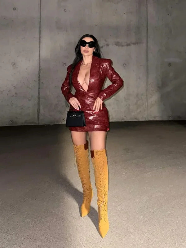 Sexy Deep V Neck Burgundy Leather Dress Women Long Sleeve High Waist Fold Slim Mini Dresses 2024 New Lady Highstreet A-line Robe