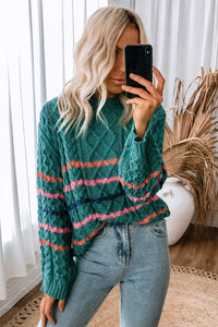 Green Striped Color Block Textured Knit Pullover Sweater