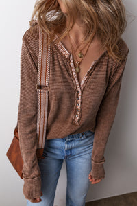 Coffee Acid Wash Waffle Knit Buttoned Neckline Long Sleeve Top