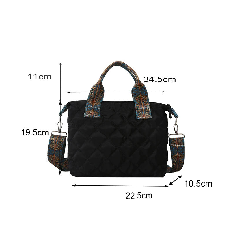 Women Wide Shoulder Belt Handbag Fall/Winter Rhombus Space Cotton Shoulder Bag Large Capacity All-Match Shopping Tote Bag