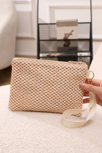 Beige Woven Zipper Wrist Strap Square Handbag